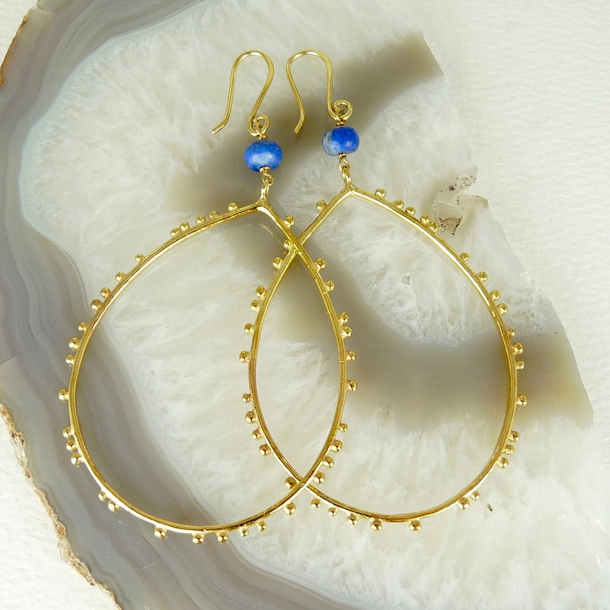 Large Drop Granulation Earrings With Gemstone