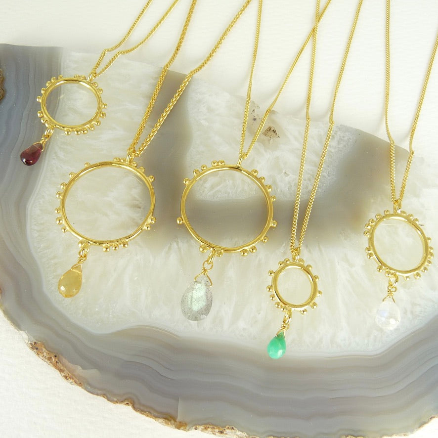 Tiny Granulation Circle And Gemstone Necklace