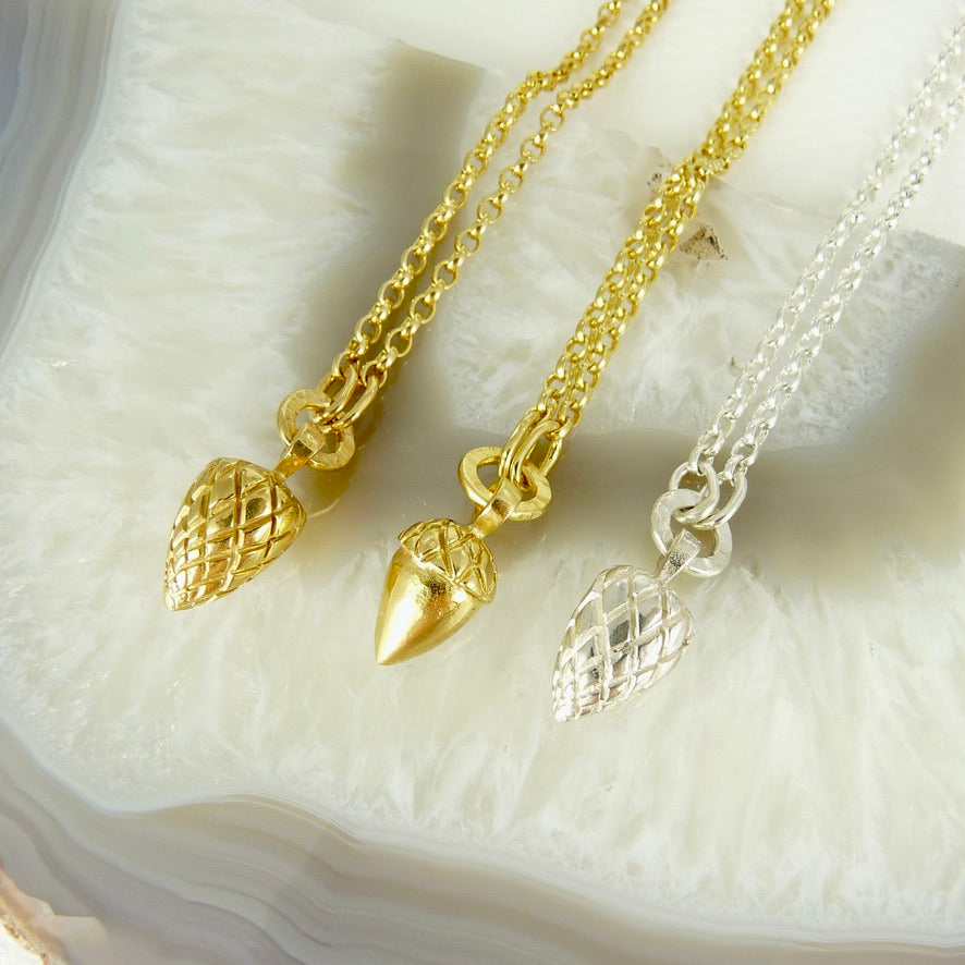 Etruscan Pine Cone and Acorn necklaces