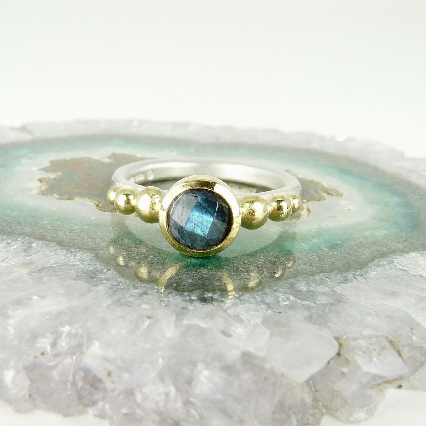 Julia Cook labradorite tourmaline 18ct gold granulation silver handmade ring