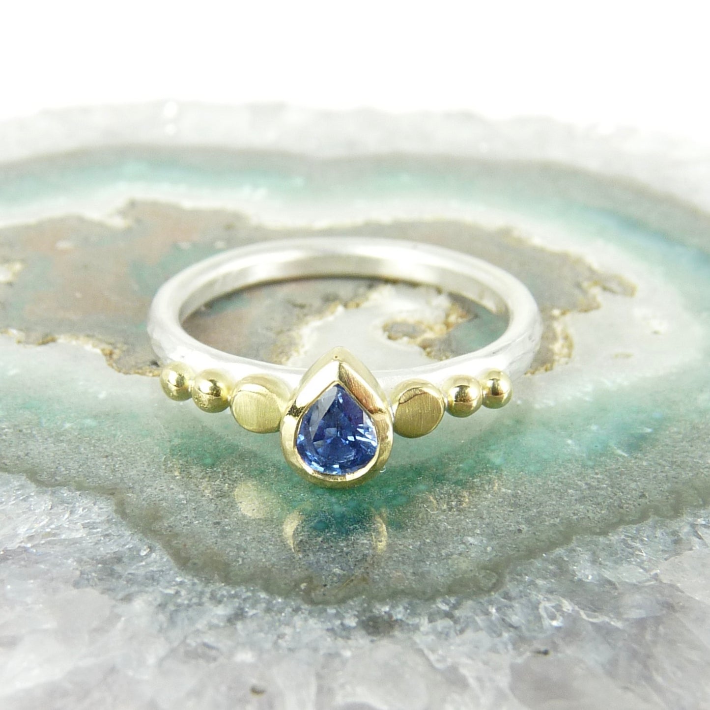 Tear Drop Sapphire Granulation Ring