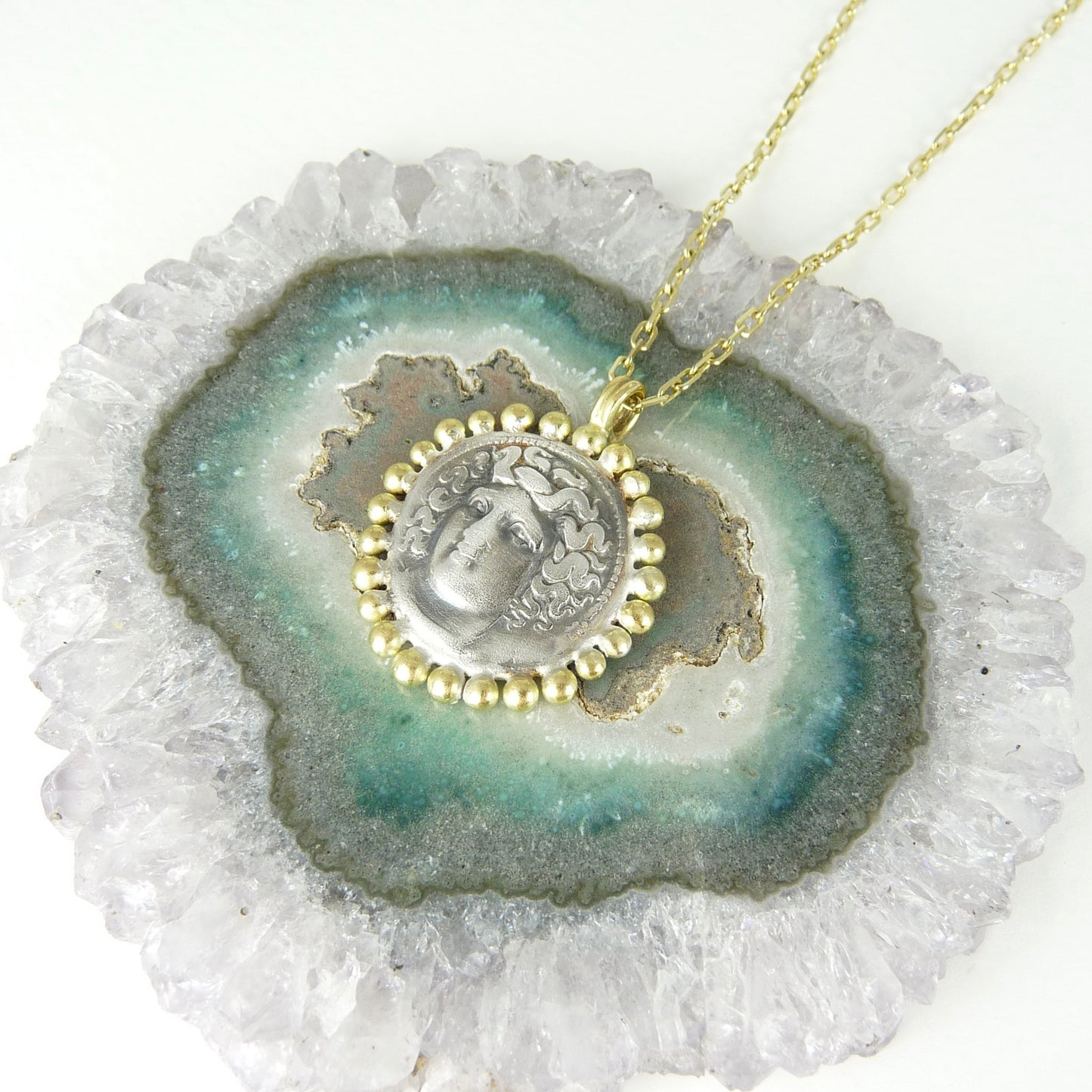 Larissa, Water Nymph Necklace Adorned with 18ct Gold Granules, Ancient Greek Coin