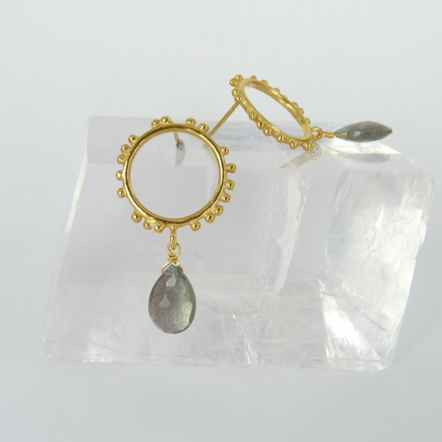 Small Granulations Circle Studs With Gemstone Drop