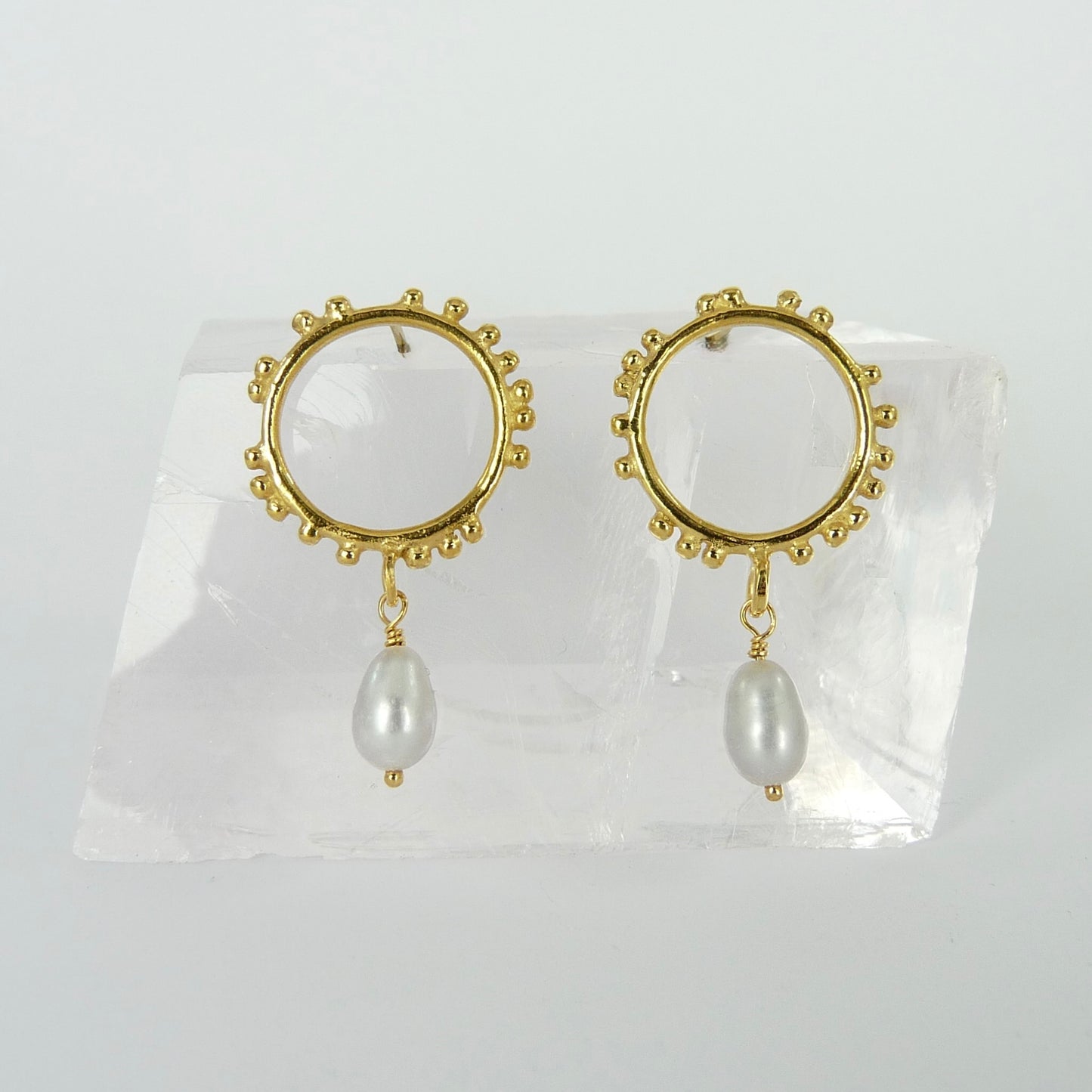 Small Granulations Circle Studs With Gemstone Drop
