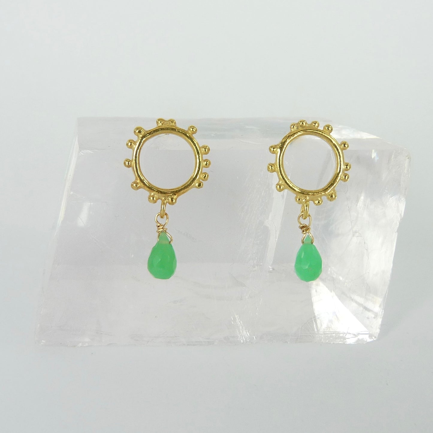 Tiny Granulation Circle Studs With Gemstone Drop