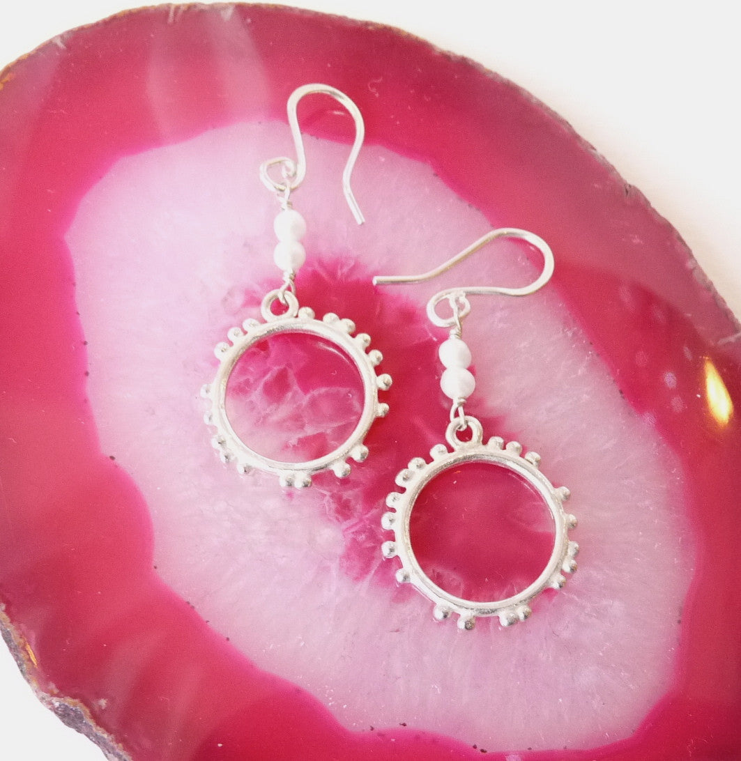 Granulation Silver Medium Hook Earrings With Gemstone
