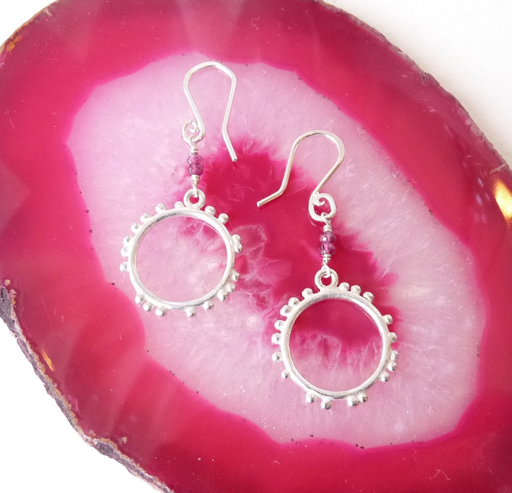 Granulation Silver Medium Hook Earrings With Gemstone