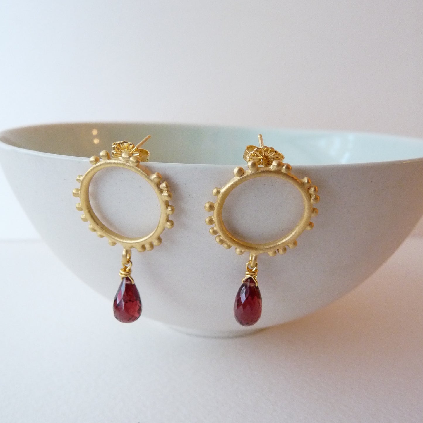 Small Granulations Circle Studs With Gemstone Drop