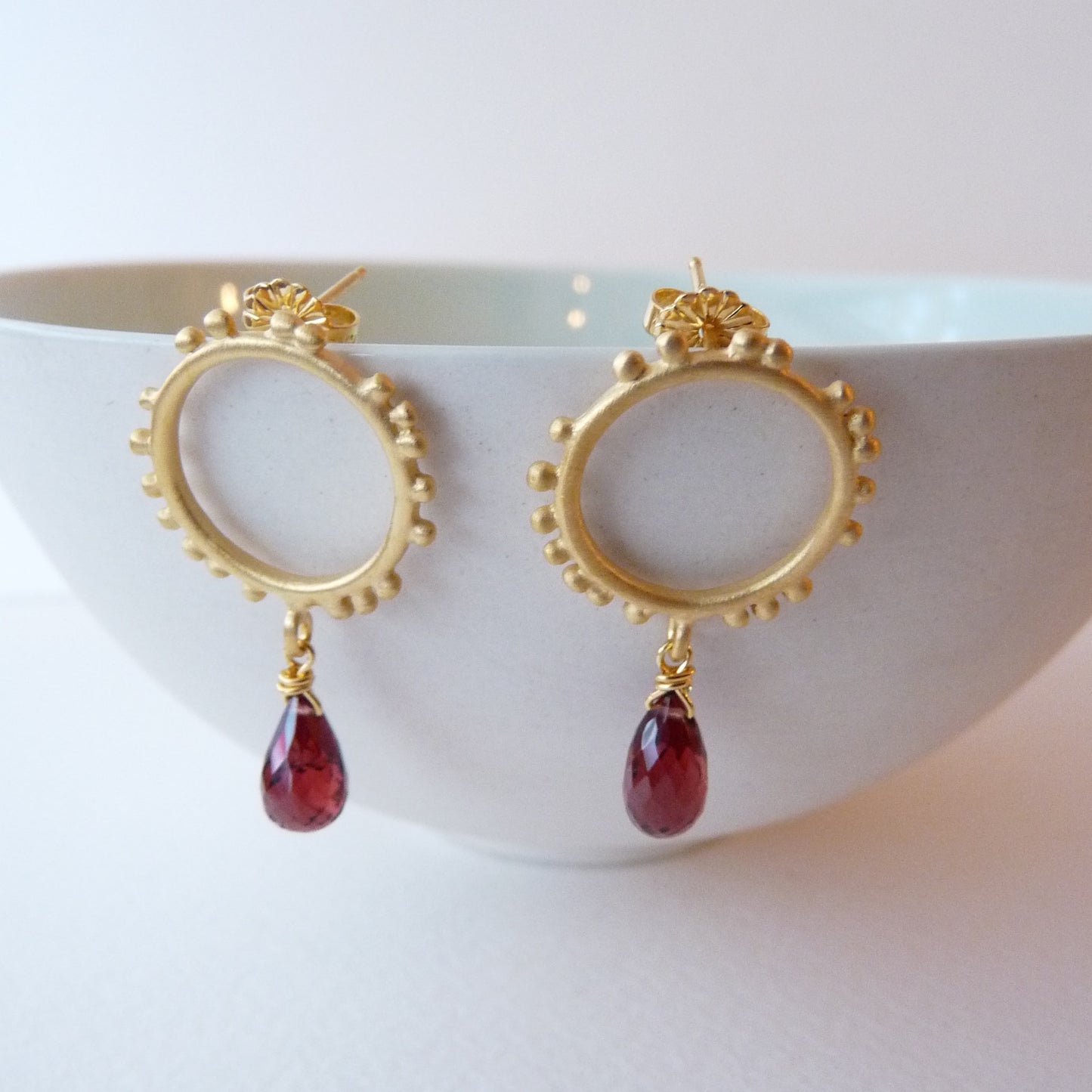 Small Granulations Circle Studs With Gemstone Drop