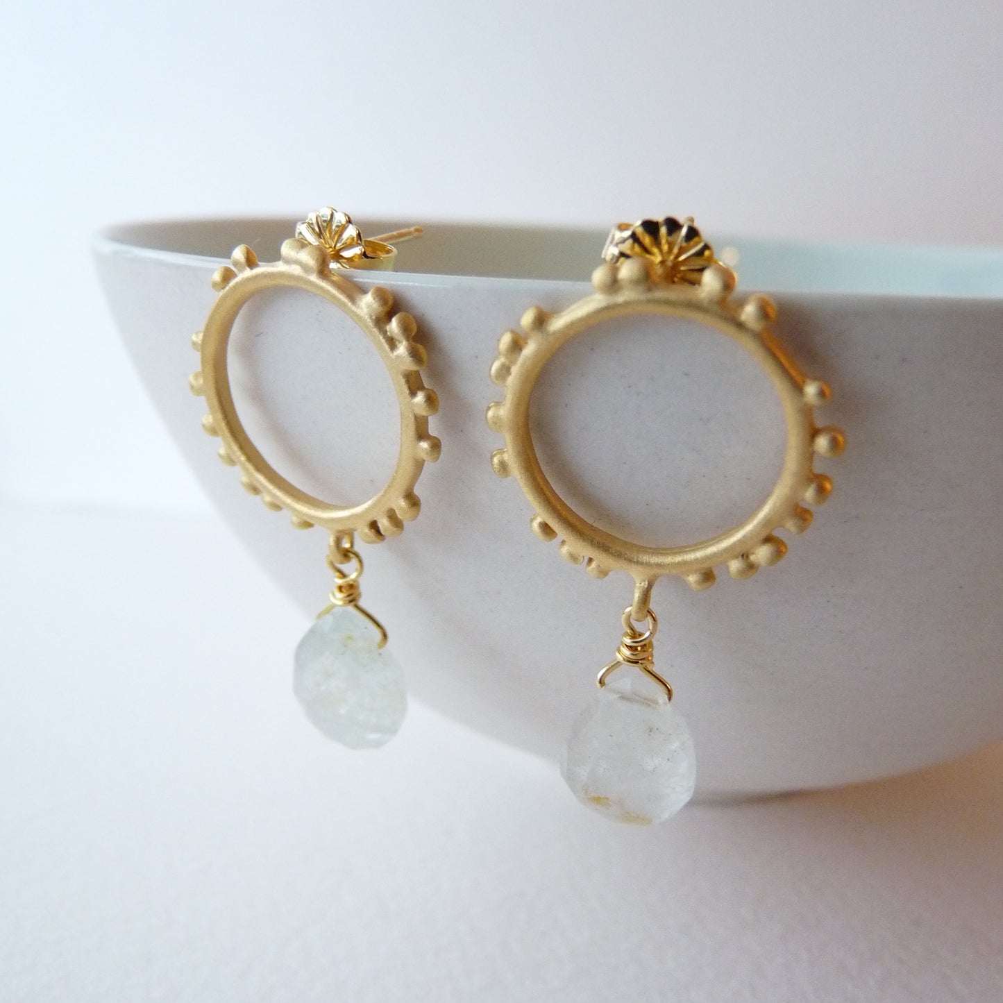 Small Granulations Circle Studs With Gemstone Drop