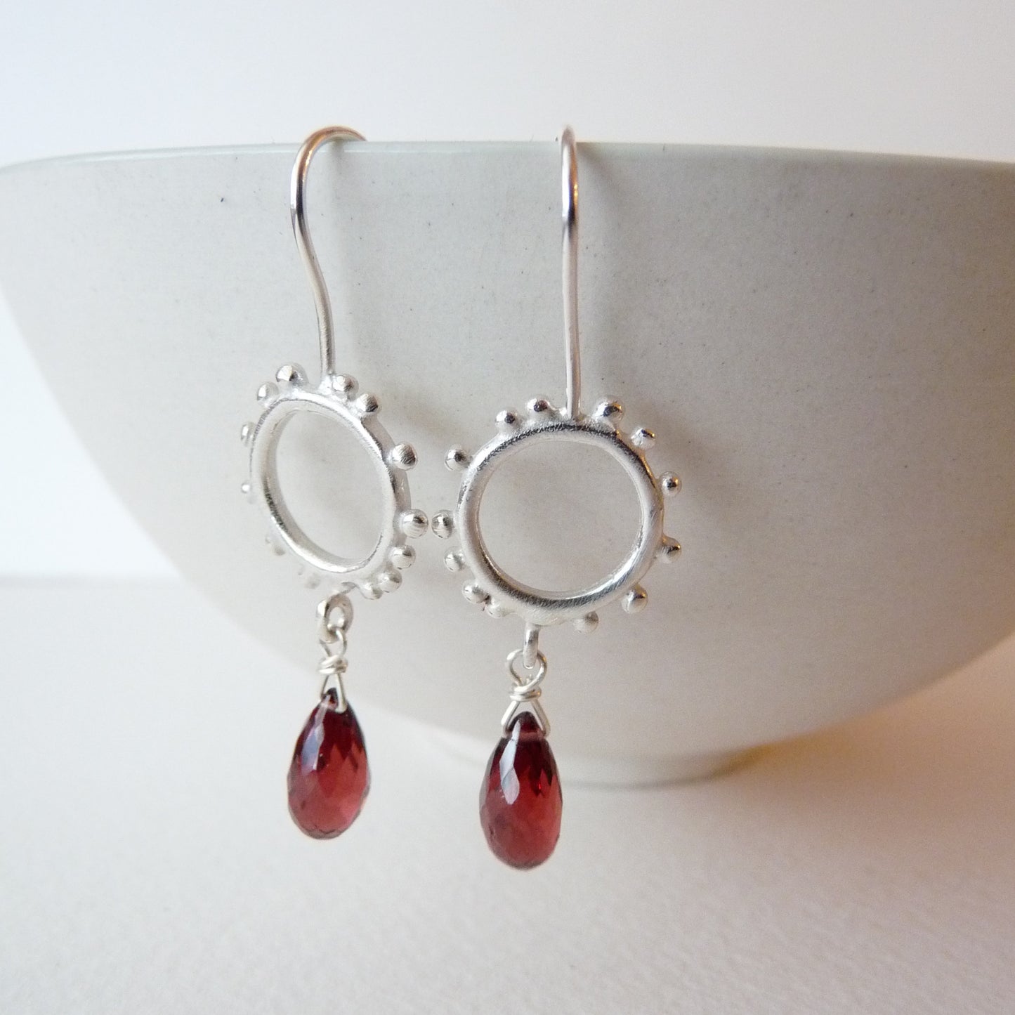 Small Silver Granulation Hooks With Gemstone Drop