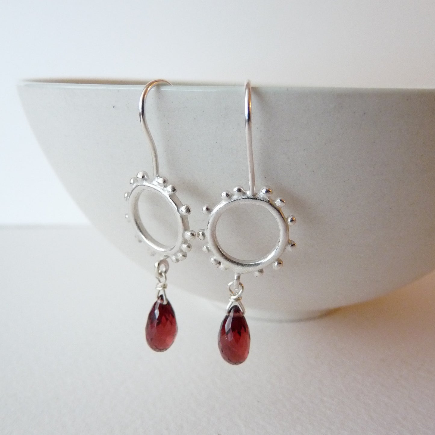 Small Silver Granulation Hooks With Gemstone Drop