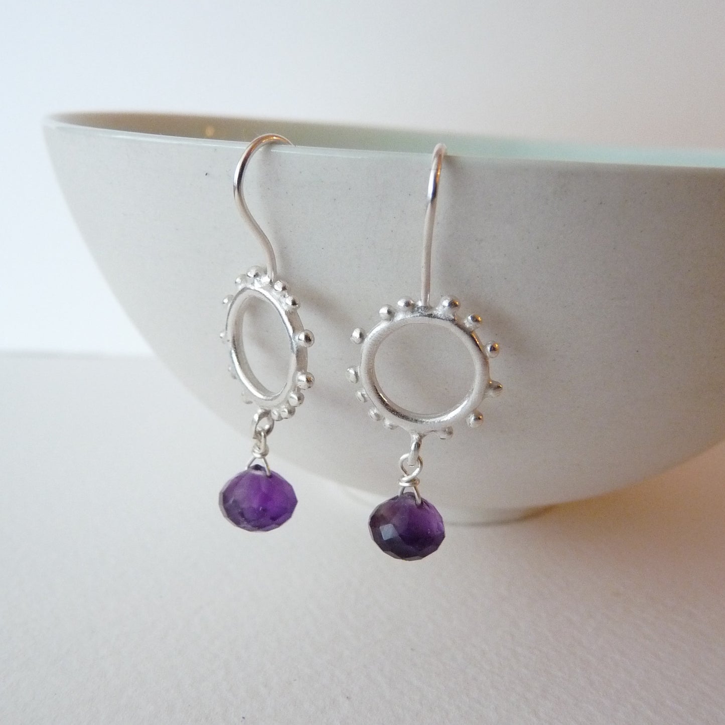 Small Silver Granulation Hooks With Gemstone Drop