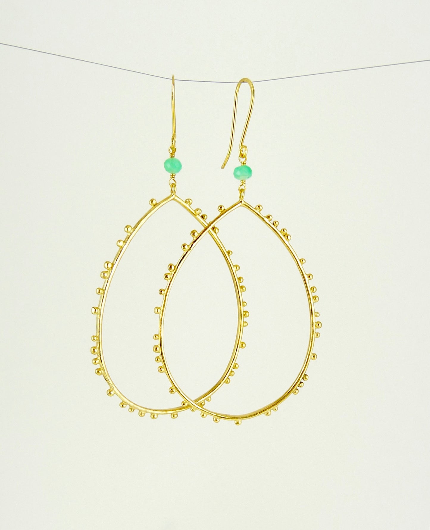 Gold plated Granulation drop earrings with Chrysoprase