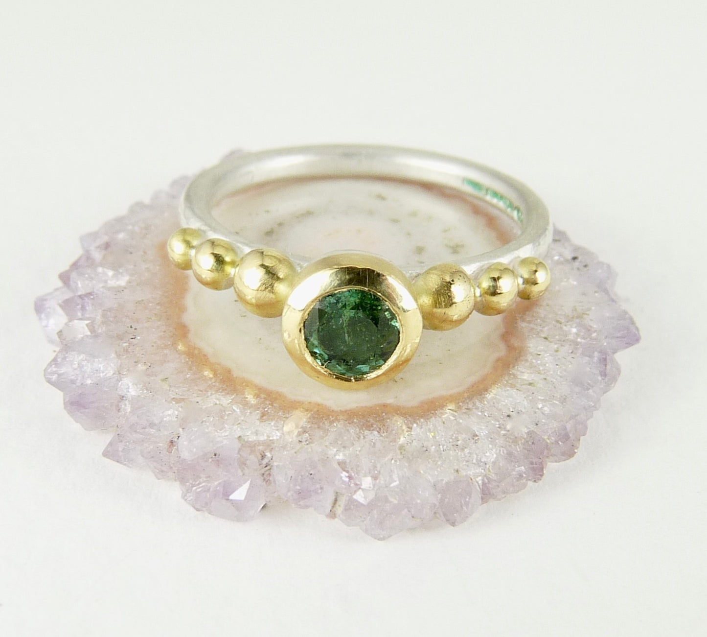 Round Green Tourmaline Granulation Ring