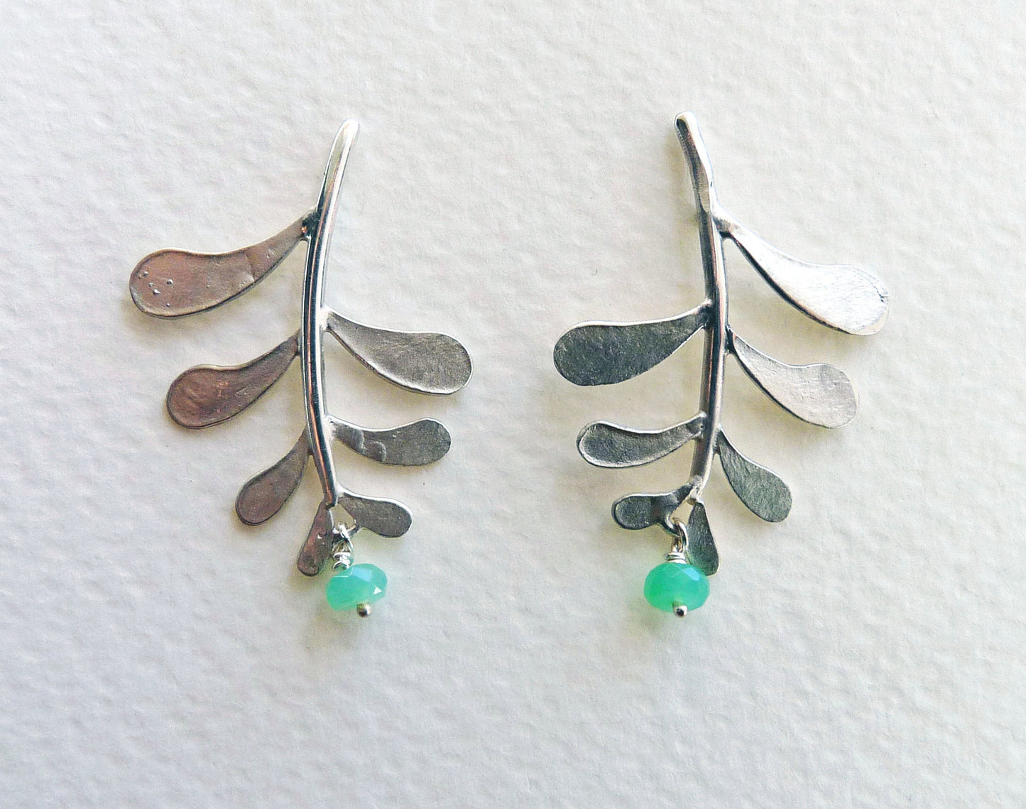 Blossoming, branch, jewellery, jewelry, earrings, studs, sterling, silver, nature, natural, chrysoprase, garnet, peridot