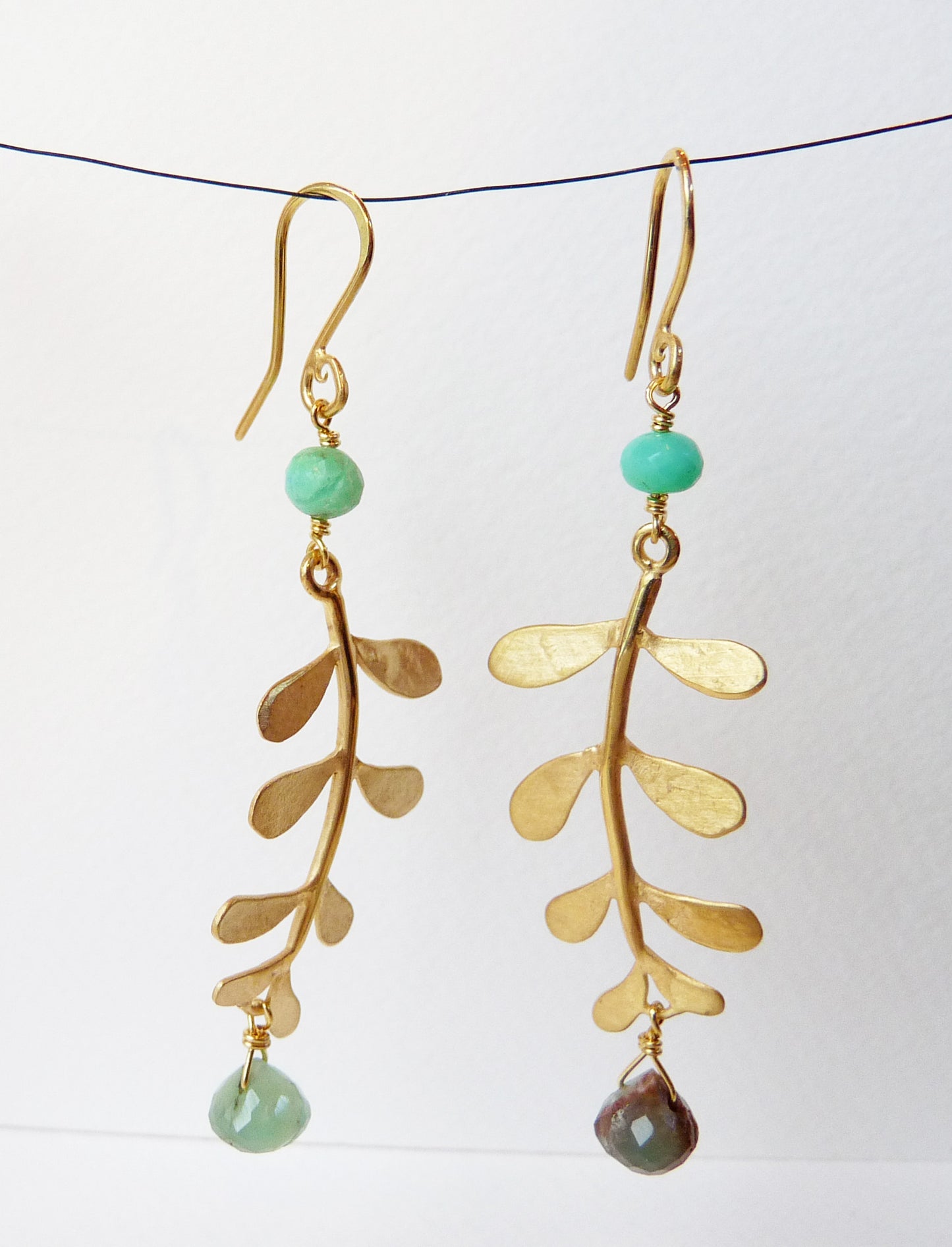 Blossoming, branch, jewellery, jewelry, earrings, hook, hooks, sterling, silver, 18ct, gold, nature, natural, chrysoprase, labradorite