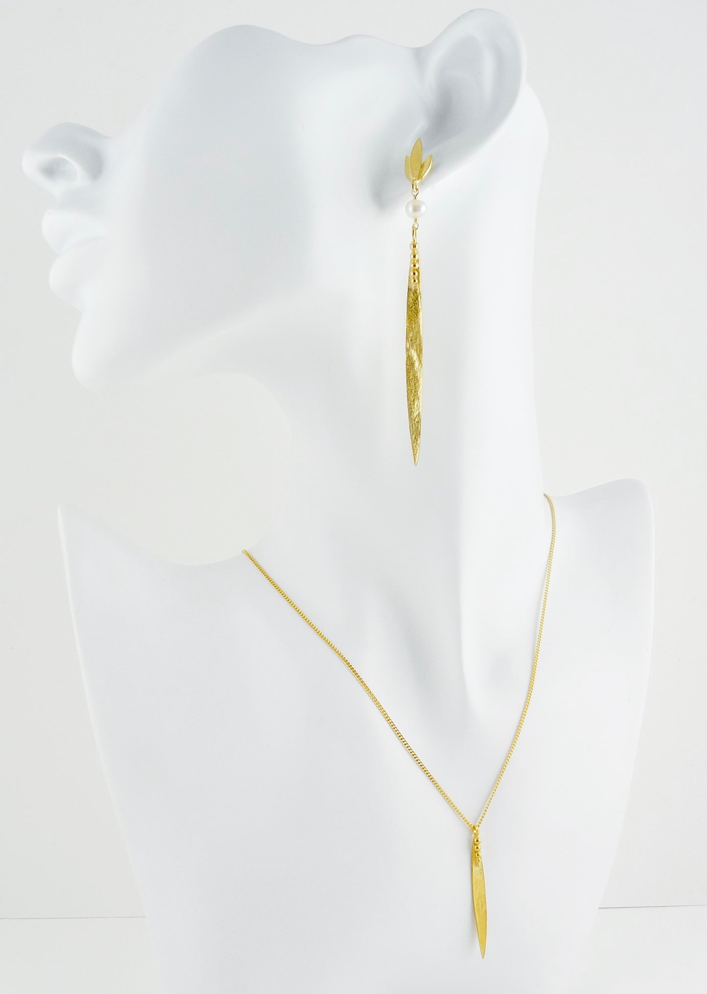 Large Madeleine Leaf Earrings with Martha Flower Stud Top and Fresh Water Pearl