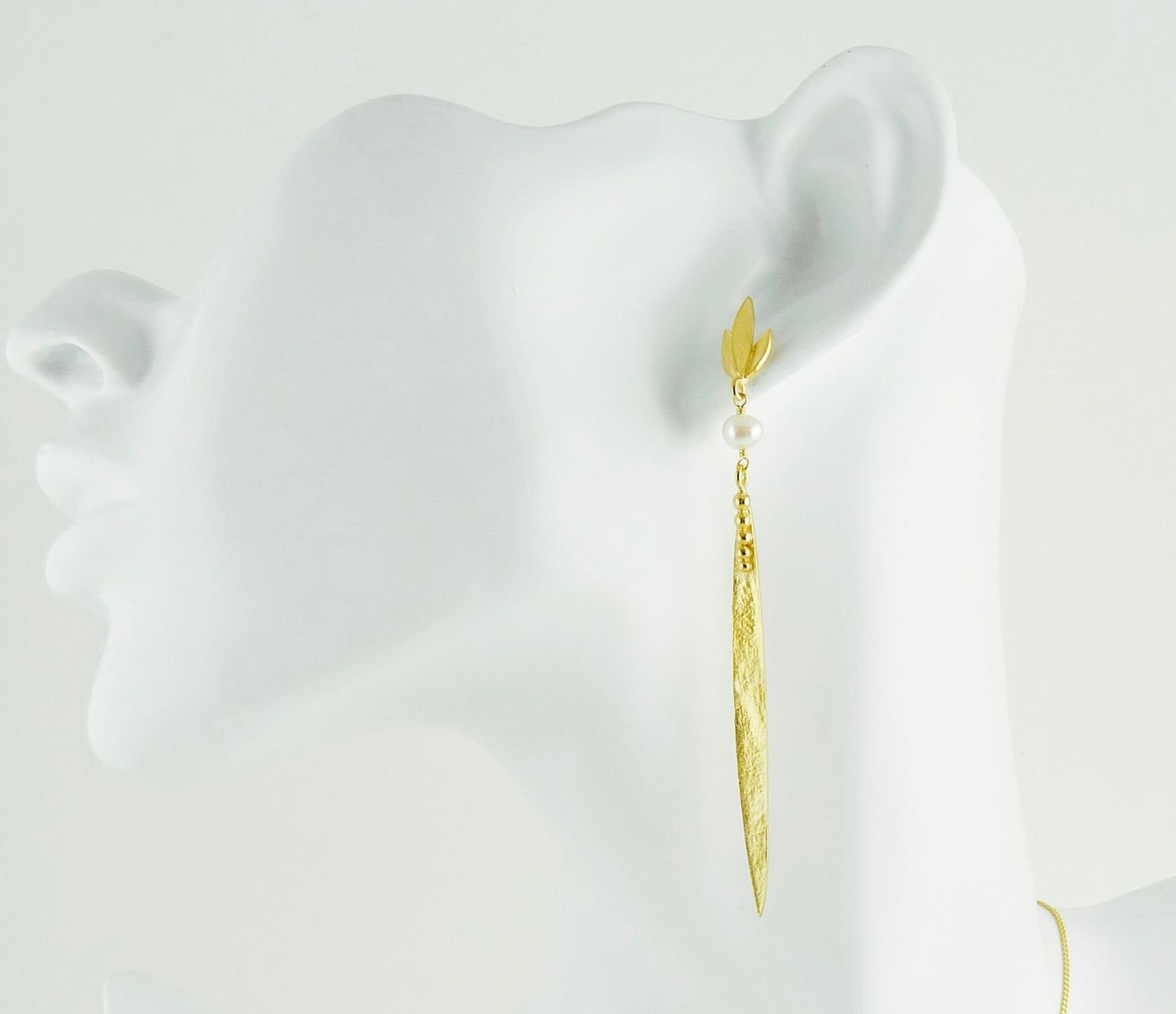 Large Madeleine Leaf Earrings with Martha Flower Stud Top and Fresh Water Pearl