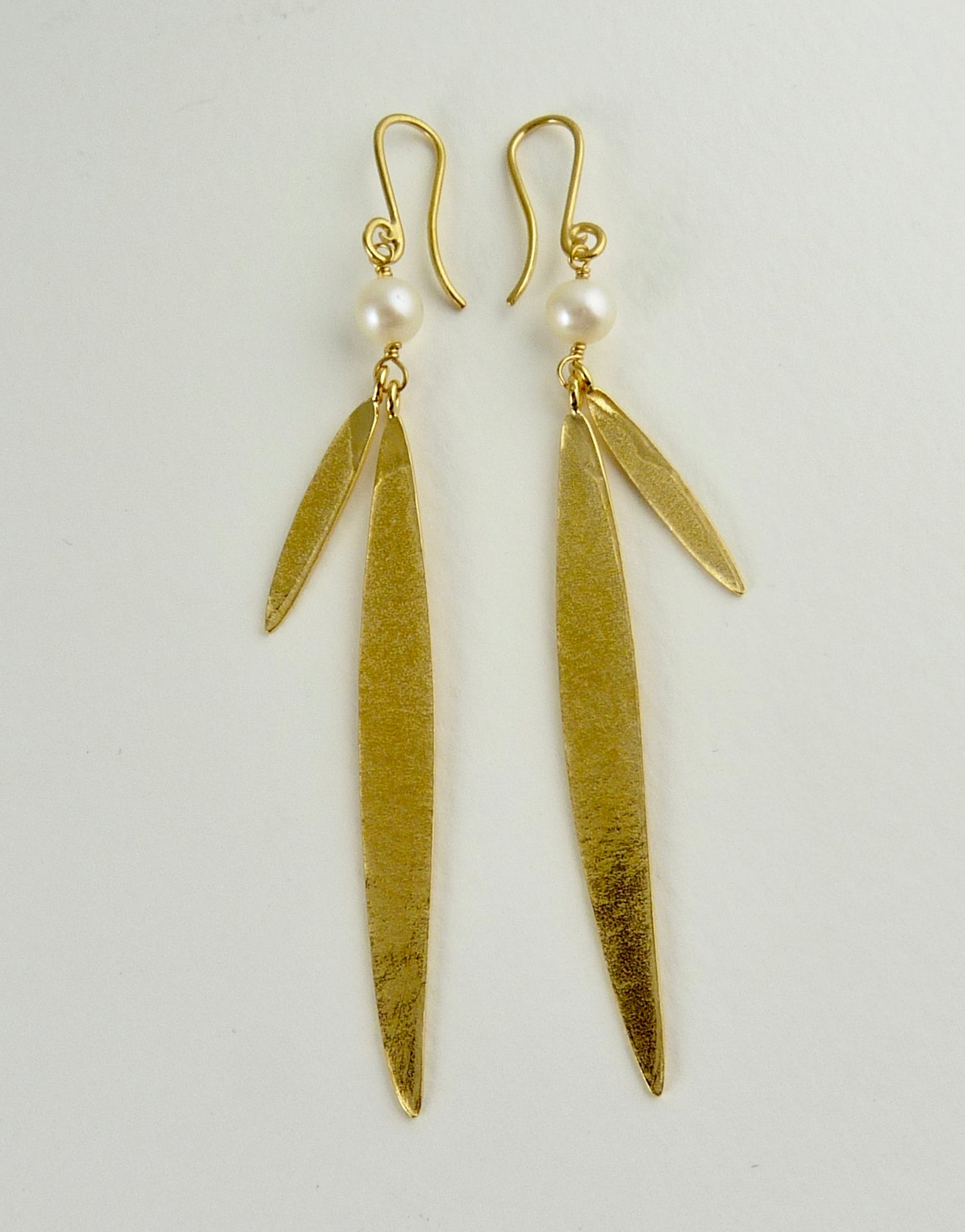 Lily Long Double Leaf Earrings with Fresh Water Pearls
