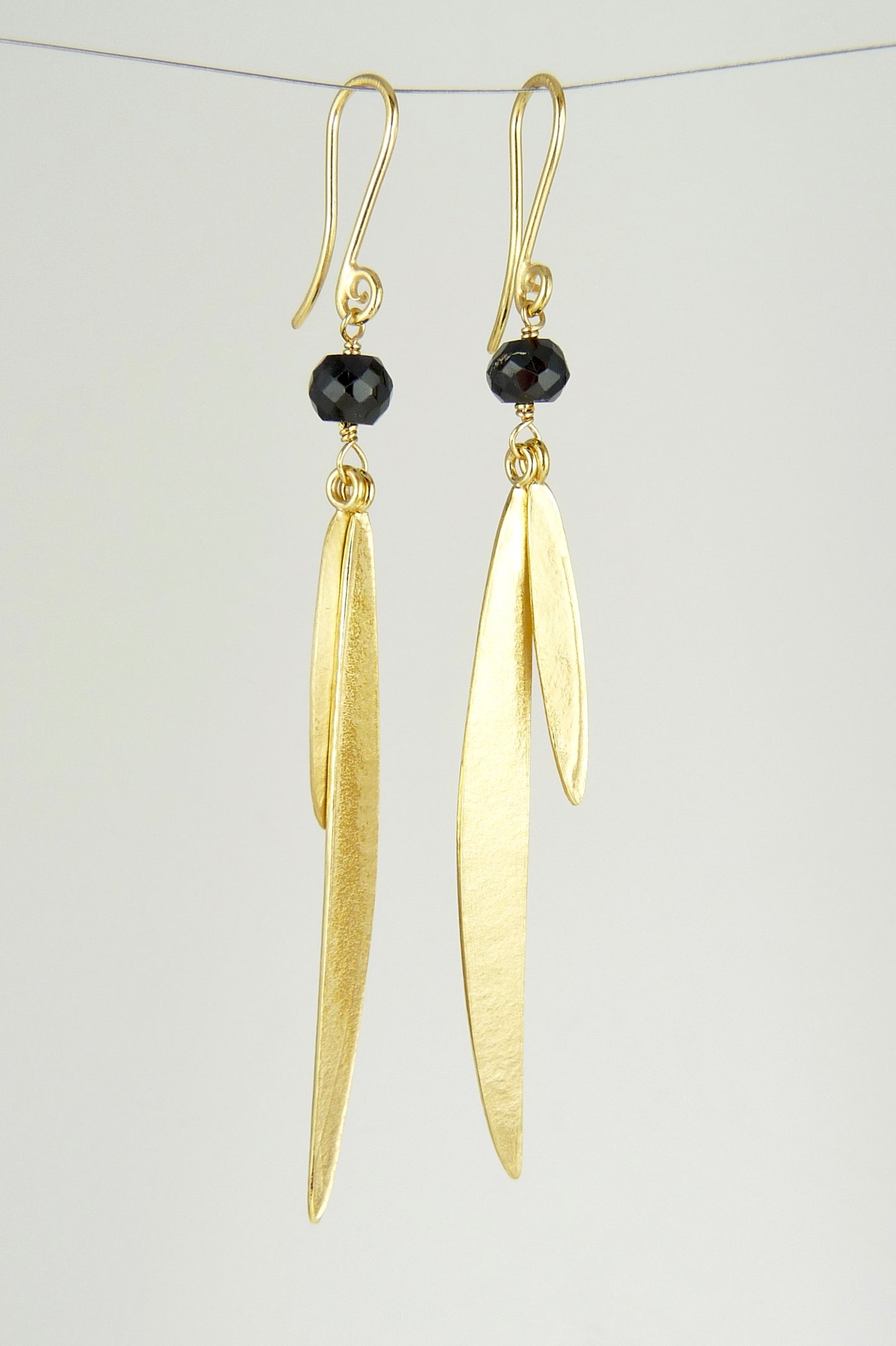 Lily Long Double Leaf Earrings with Black Spinel