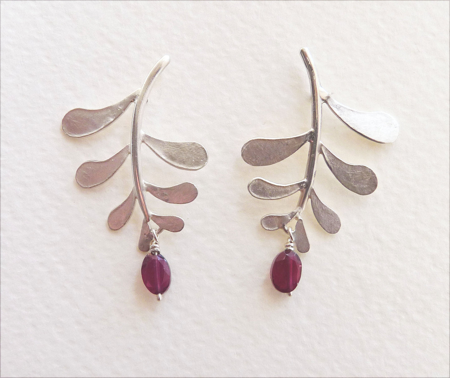Blossoming, branch, jewellery, jewelry, earrings, studs, sterling, silver, nature, natural, chrysoprase, garnet, peridot