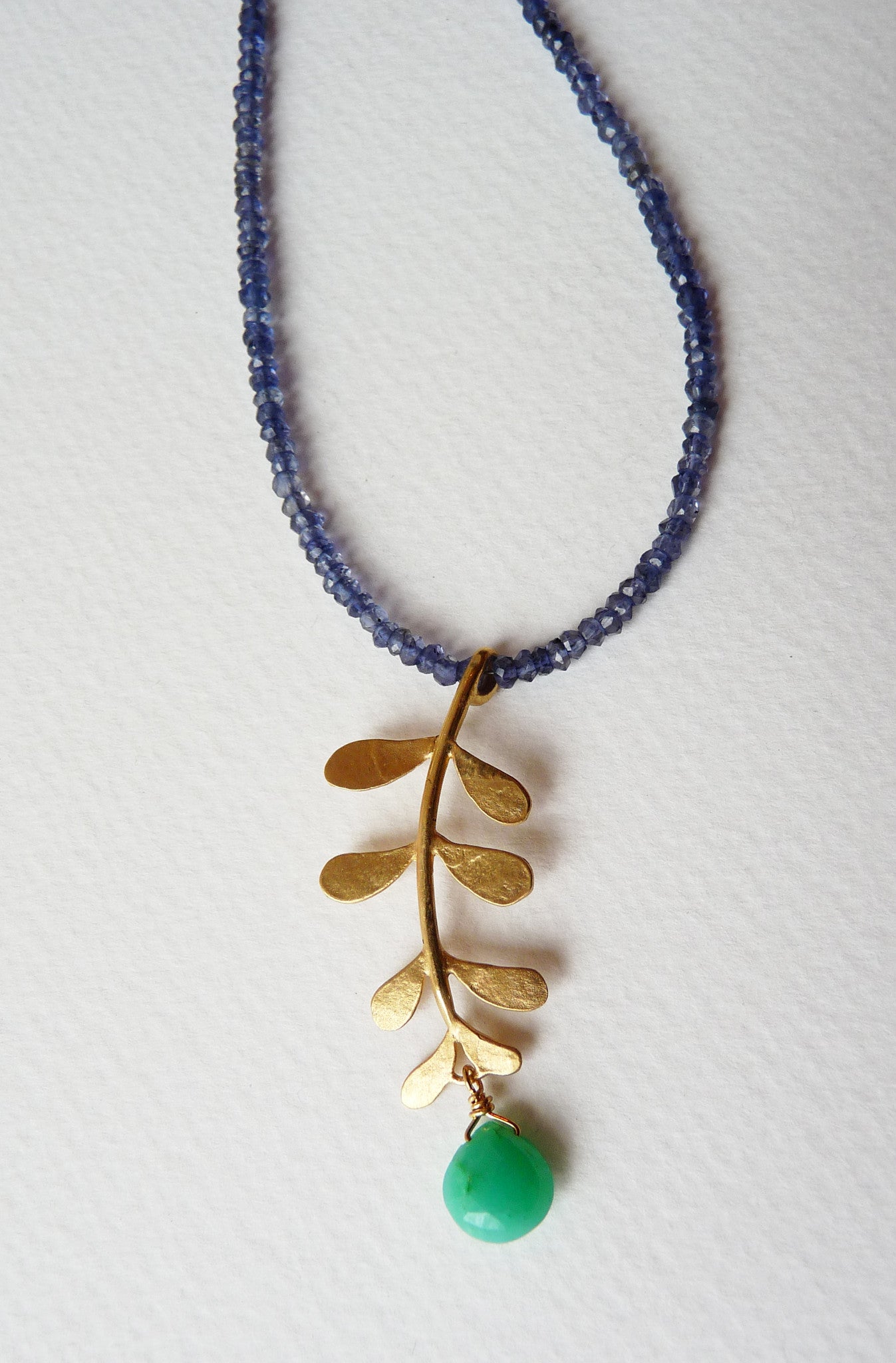 blossoming, branch, sterling, silver, necklace, handmade, jewellery, jewelry, leaf, leaves, iolite, chrysoprase, 18ct, gold, plate, nature, natural