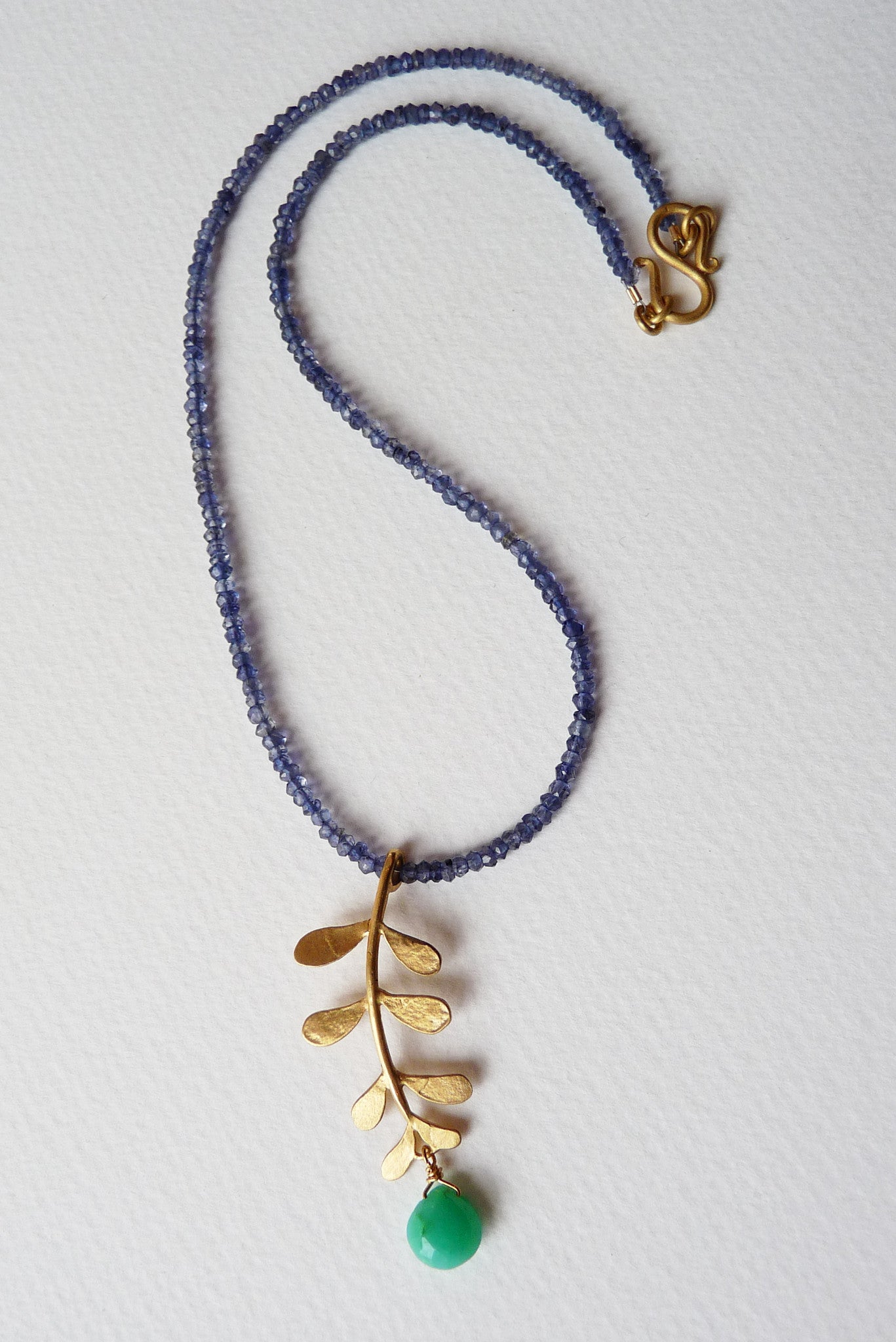 blossoming, branch, sterling, silver, necklace, handmade, jewellery, jewelry, leaf, leaves, iolite, chrysoprase, 18ct, gold, plate, nature, natural