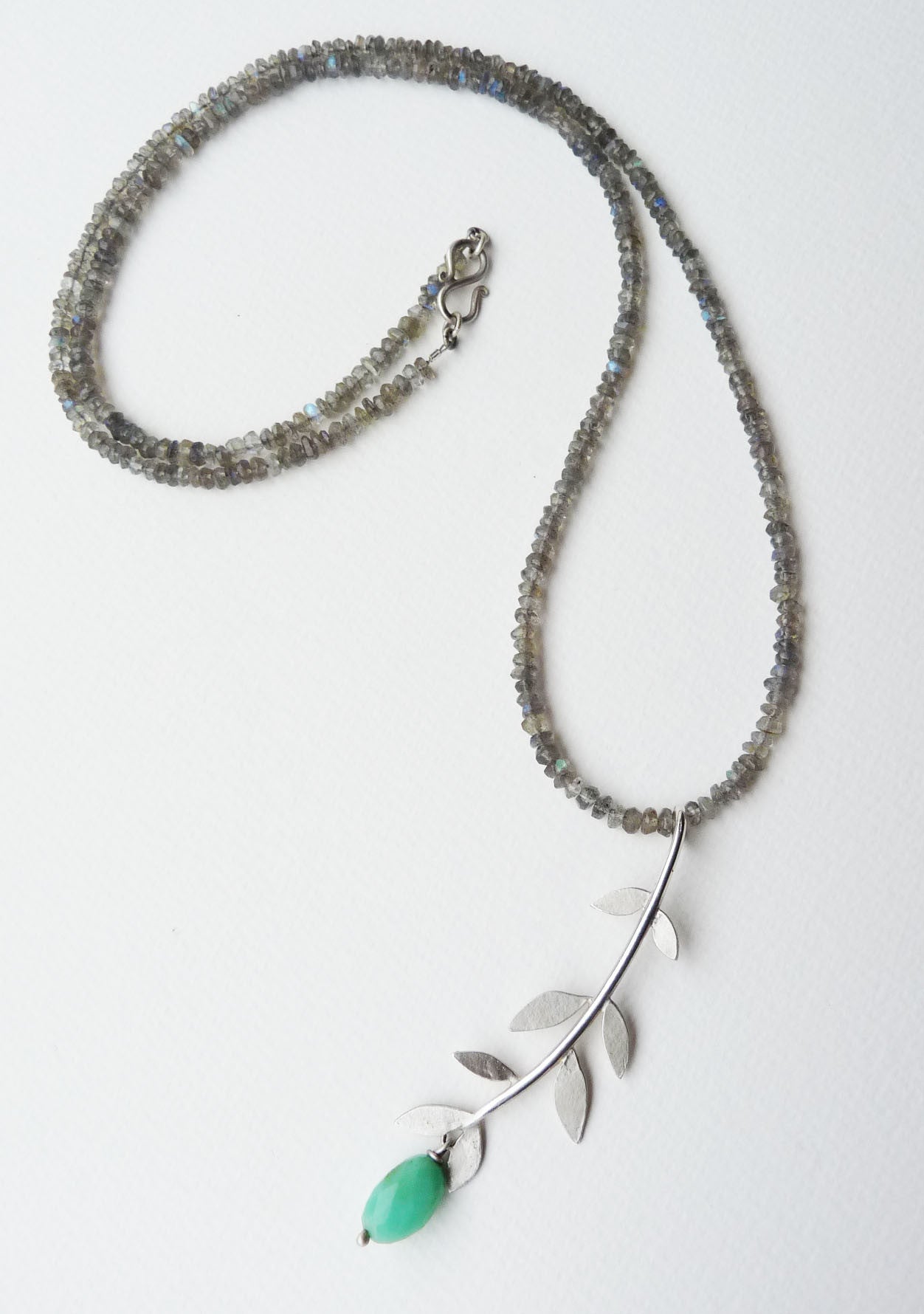 blossoming, branch, sterling, silver, necklace, handmade, jewellery, jewelry, leaf, leaves, labradorite, chrysoprase, long, nature, natural
