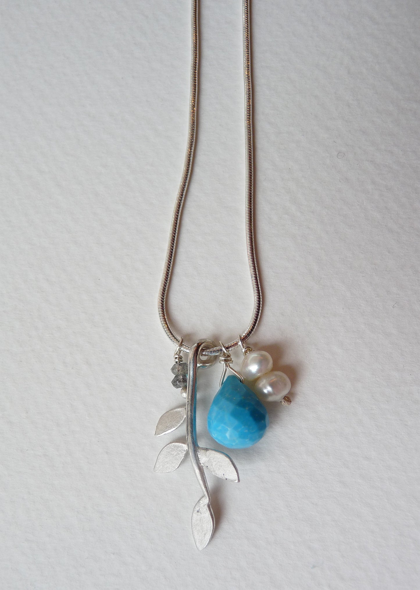 blossoming, branch, sterling, silver, necklace, handmade, jewellery, jewelry, leaf, leaves, bridesmaid, cluster, black, spinel, garnet, labradorite, pearl, turquoise