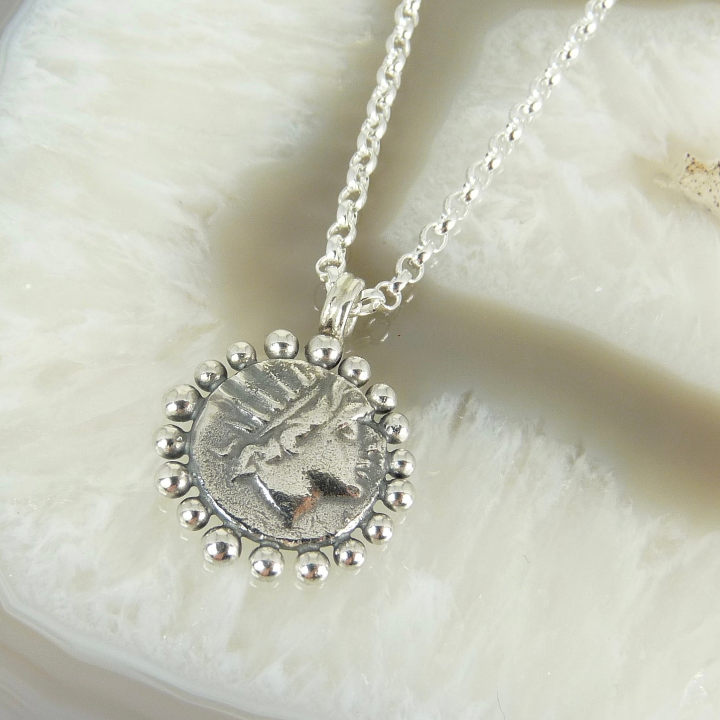 Helios, God of the Sun Necklace Adorned with Silver Granules, Ancient Greek Coin