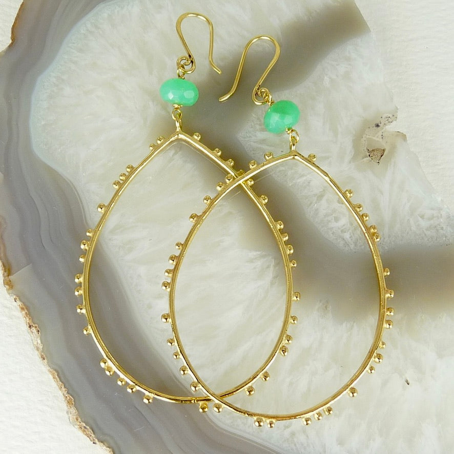 Large Drop Granulation Earrings With Gemstone