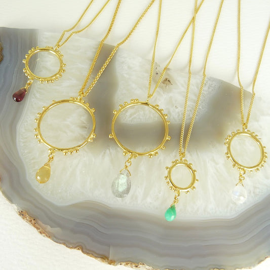 Medium Granulation Circle and Gemstone Necklace