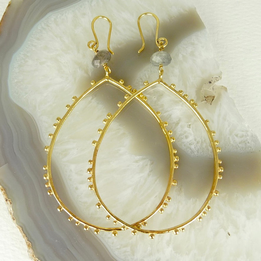 Large Drop Granulation Earrings With Gemstone