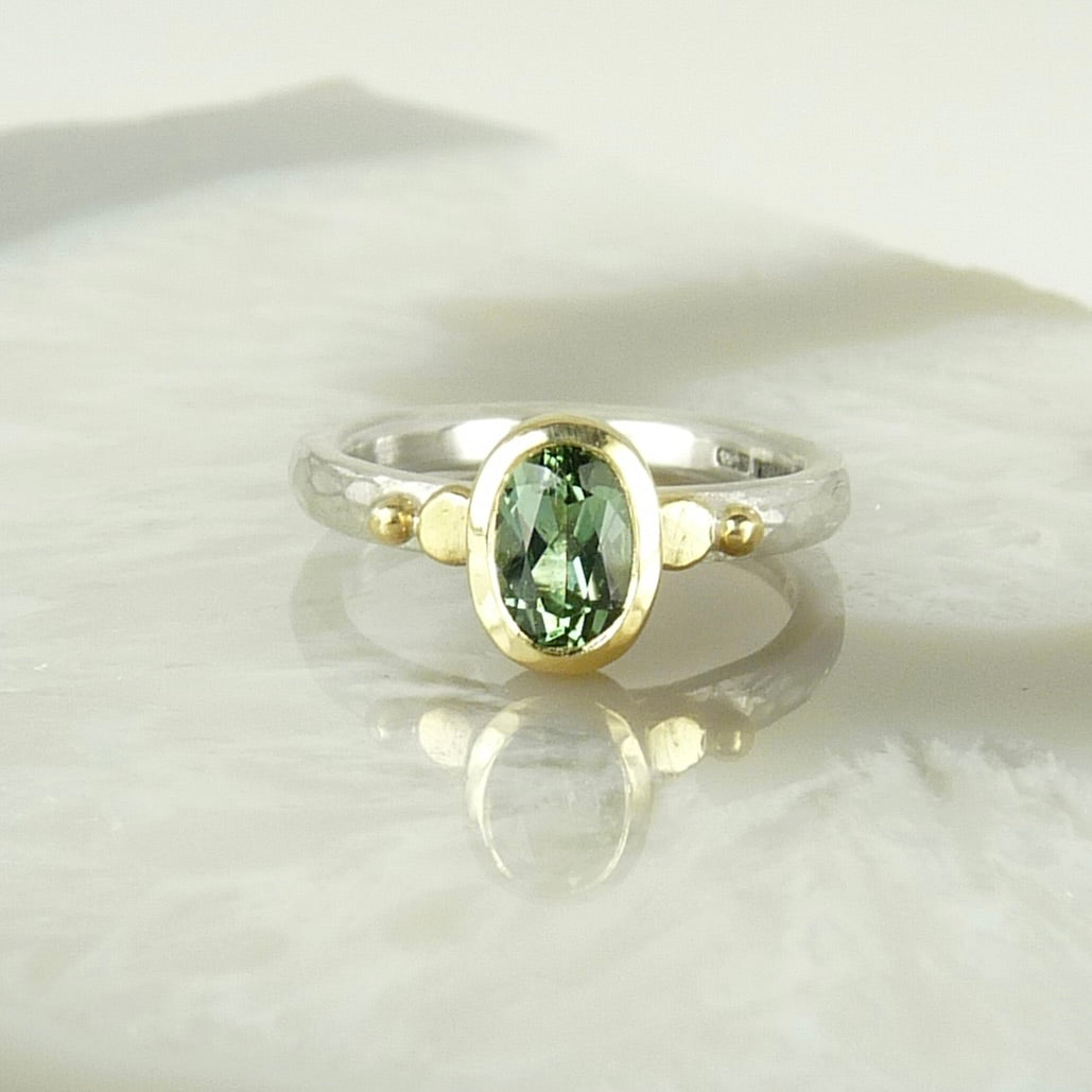 Oval Green Tourmaline Granulation Ring