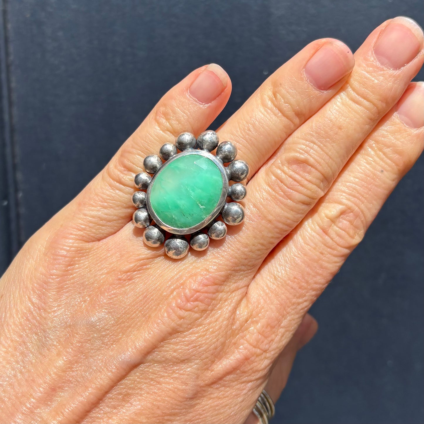 Giant Courtesan Ring Silver And Chrysoprase