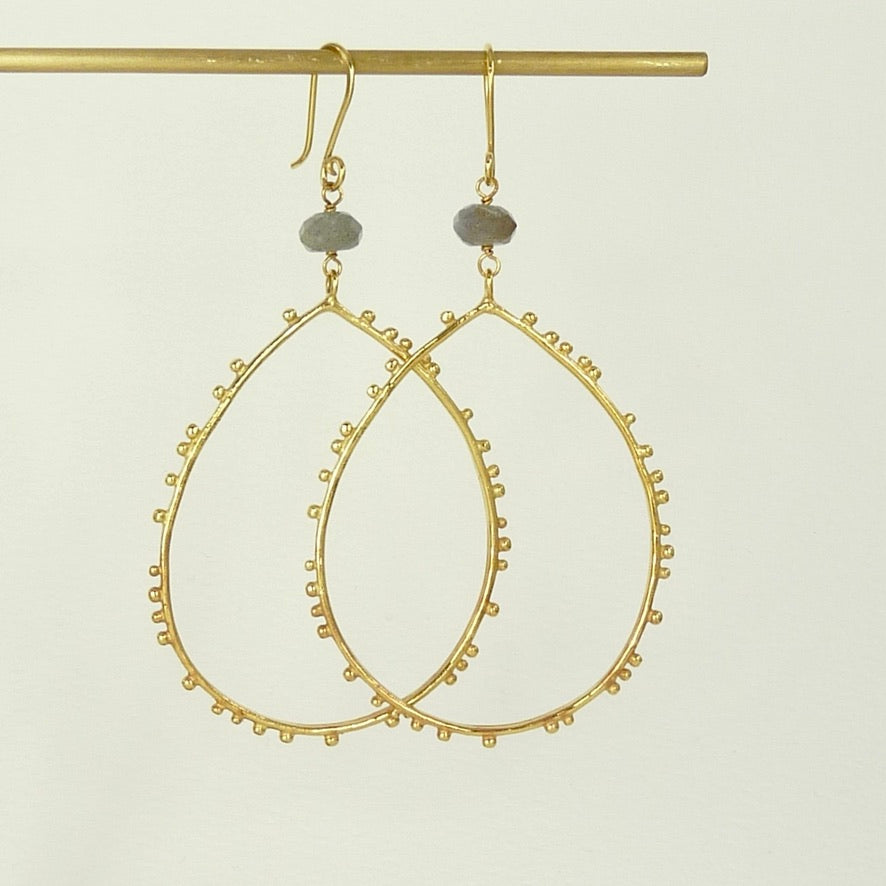 Large Drop Granulation Earrings With Gemstone