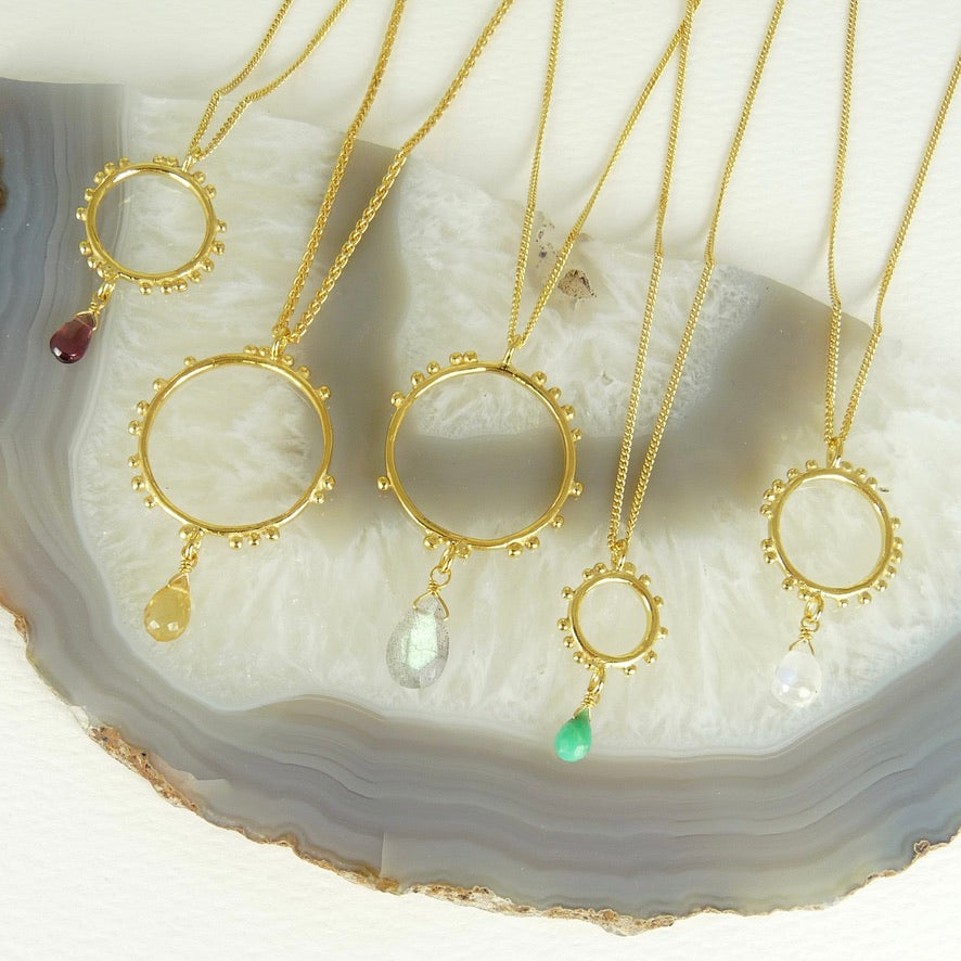 Medium Granulation Circle and Gemstone Necklace