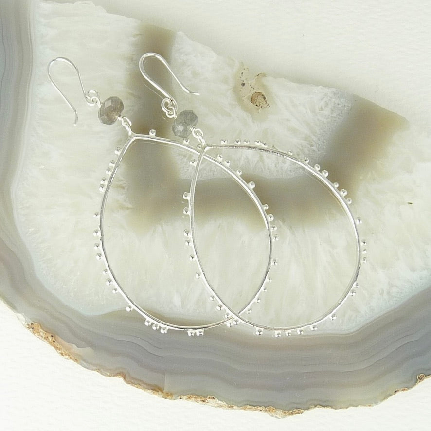 Large Drop Granulation Earrings With Gemstone