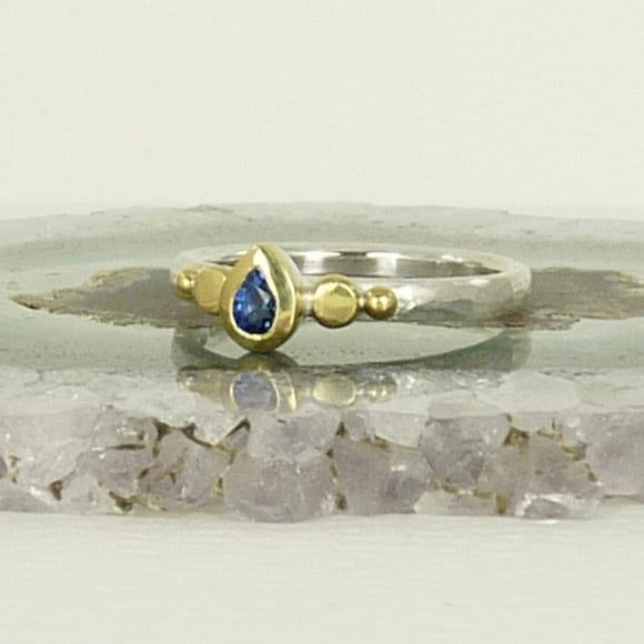 Tear Drop Sapphire Granulation Ring