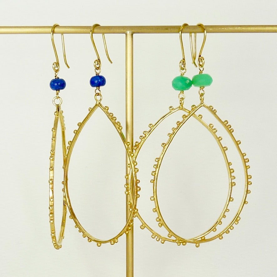 Large Drop Granulation Earrings With Gemstone