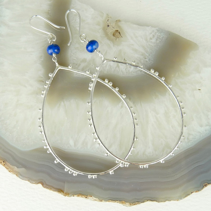 Large Drop Granulation Earrings With Gemstone