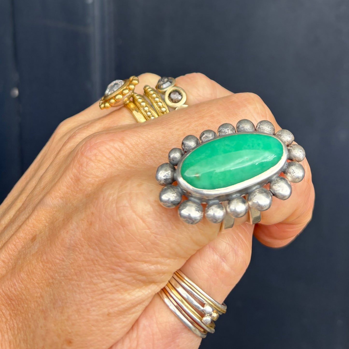 Giant Silver And Chrysoprase Courtesan Ring
