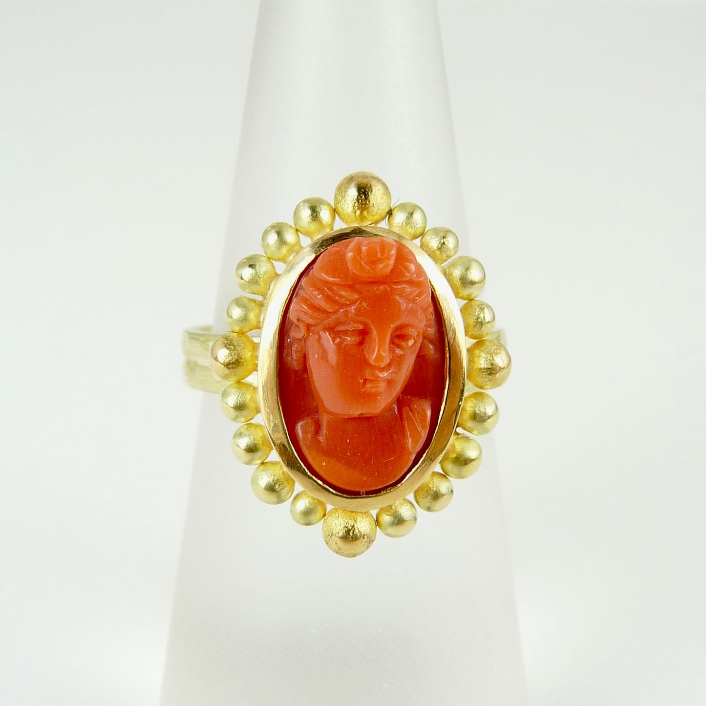 Julia Cook antique coral cameo courtesan 18ct 22ct gold ring