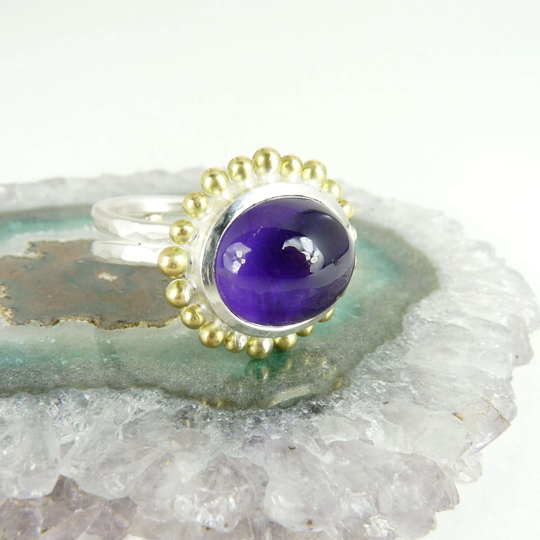 Julia Cook silver gold granulation purple amethyst cabochon ring