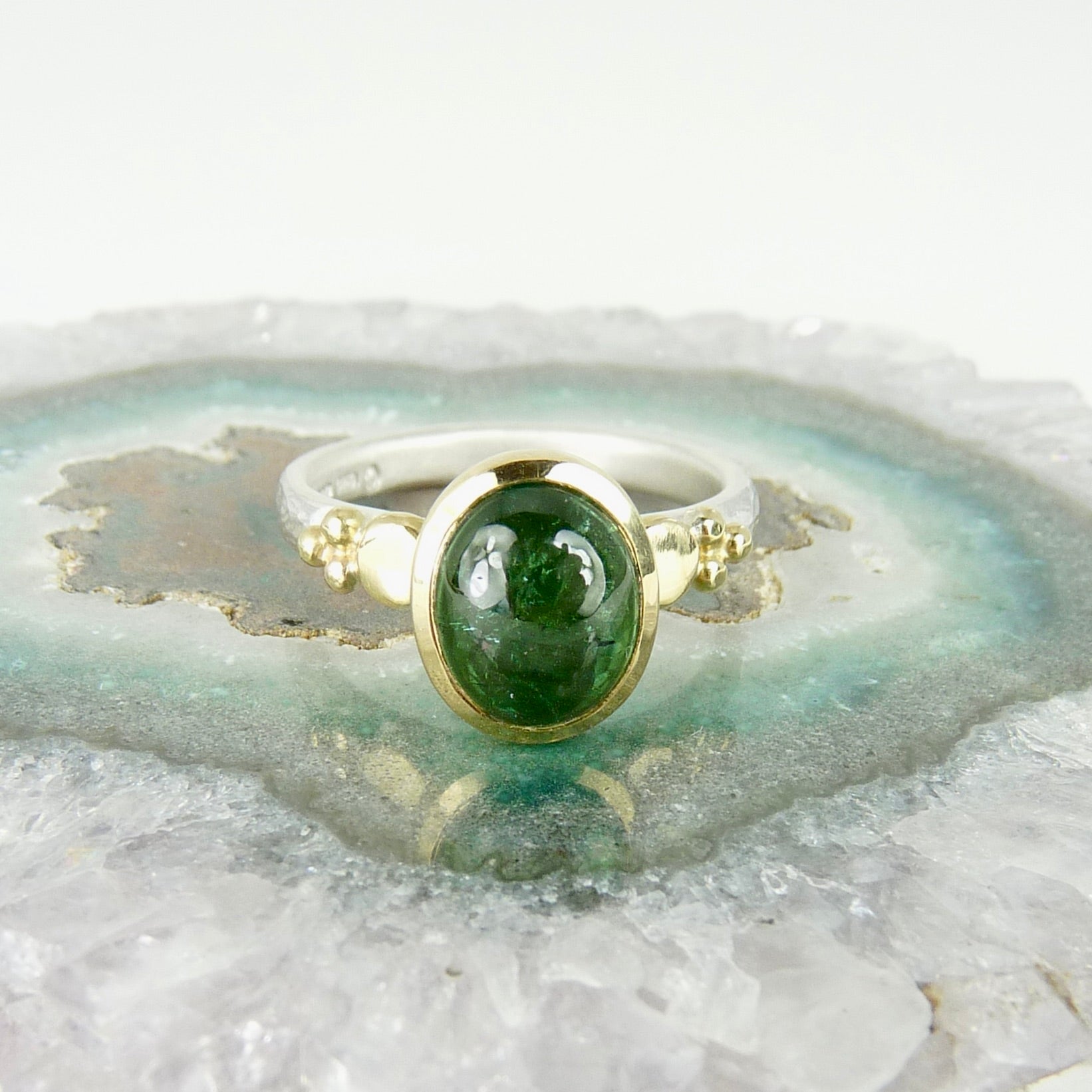 Julia Cook cabochon green tourmaline granulation handmade ring