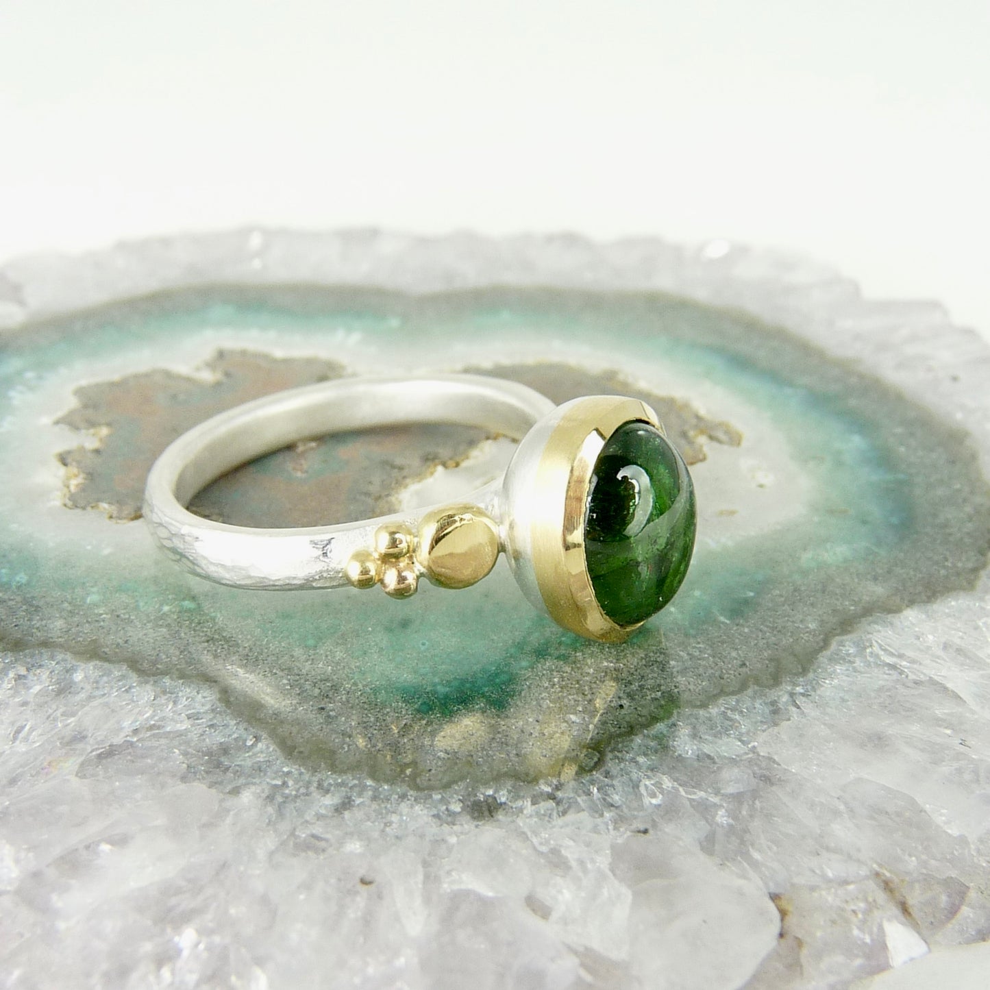 Cabochon Green Tourmaline Granulation Ring