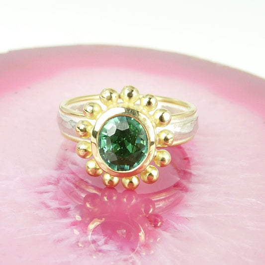 Julia Cook silver 18ct gold band green tourmaline courtesan ring