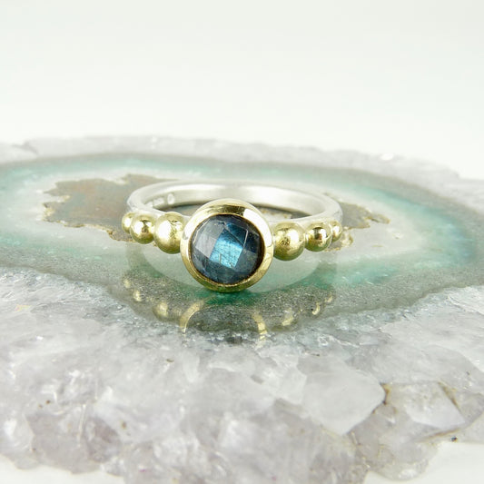 Julia Cook labradorite tourmaline 18ct gold granulation silver handmade ring