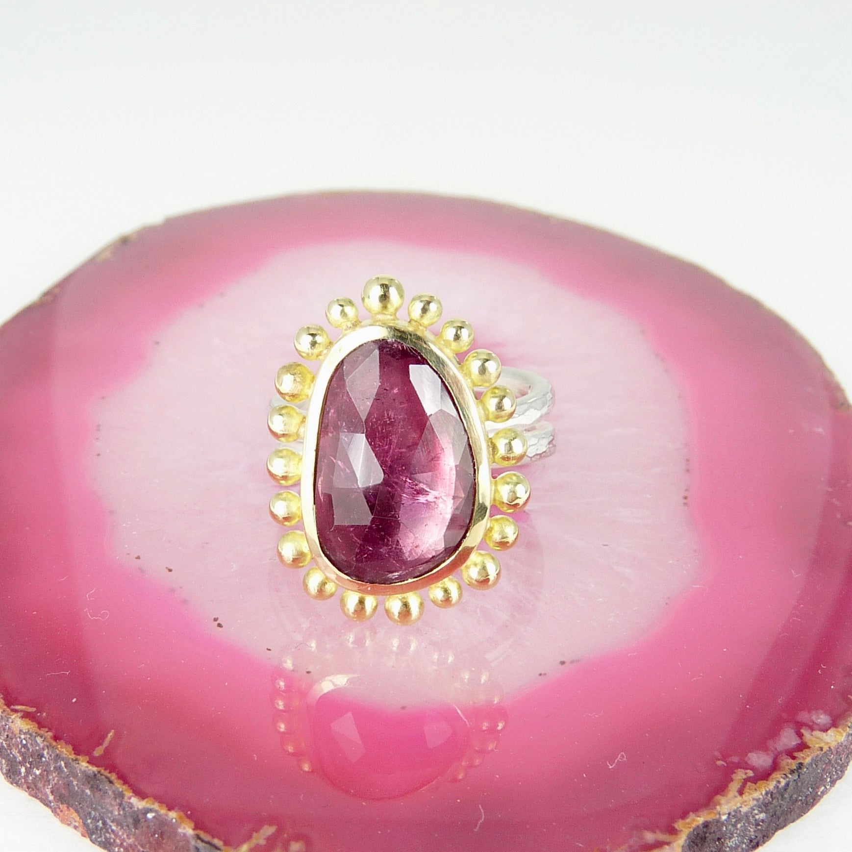 gold silver pink tourmaline ring